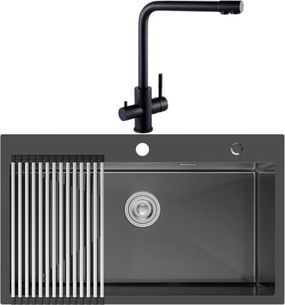 CECIPA max Spoelbak Keuken Antraciet (75x45 cm) - Spoelbakken Keuken Met 3 Wege Keukenkraan - Spoelbakken Met Afdruip - Enkele spoelbak Met Waterafvoersysteem - Wasbak Keuken Antraciet