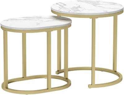 Merax Salontafel Set 2 Delig - Ronde en Ovale Bijzettafel - Stapelbaar - Staalframe - Wit - Voor Woonkamer en Slaapkamer