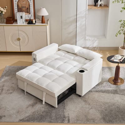 MODFU 3-In-1 Slaapbank - Verstelbare Rugleuning En Verborgen Tafel - Modern - Voor Woonkamer - Stof - Beige - 140,5 X 74 X 82 Cm