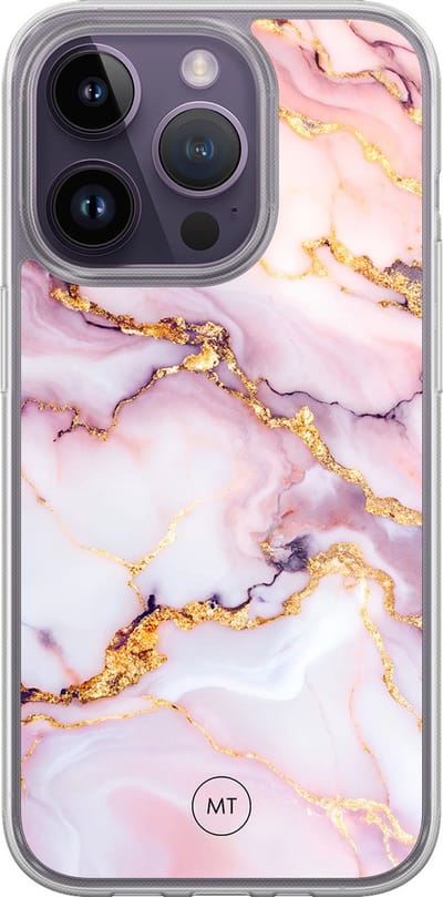 Hybride hoesje geschikt voor iPhone 15 Pro - Marble pink - Extra bescherming - Luxe beschermhoes - TPU case - Transparant, Roze - Mooie Telefoonhoesjes