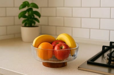 Saladeschaal fruitschaal op houten voet – bloemvormig geribbeld glas – Ø26 cm – 2,9 L
