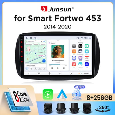 Junsun draadloze CarPlay Android Auto autoradio voor Smart Fortwo (C453) / Forfour (W453) 2014-2021 met ingebouwde koelventilator, Android GPS navigatie, multimediaspeler, WiFi, DSP, RDS, BT, SWC, IPS