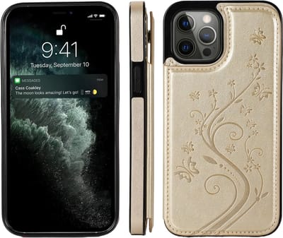 Hoesje geschikt voor iPhone 17 Air - Backcover - Pasjeshouder - Portemonnee - Bloemenprint - Kunstleer - Goud