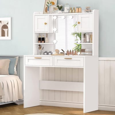 Dressing Table with Large Mirror and Adjustable Lighting - Modern White Makeup Table with Storage
