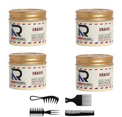 New Rebel Brabus Hair Wax – Sterke Hold – Gel Wax – Makkelijk Uitwasbaar – 4 x 125 ml + Stylingkam – Professionele Haarstyling - Haar Wax Mannen - Pomada