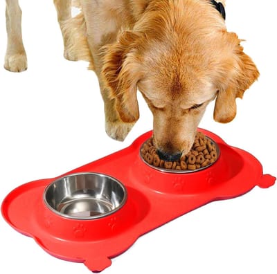 Dubbele Honden Voerbak - Honden Eetbak - Morsvrij Voeren - Roestvrij Staal - 35x19 cm - Rood