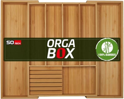 ORGA-BOX UNIVERSAL Besteklade uit bamboe verstelbaar voor ladebreedte 400 - 600 mm tot 7 vakken voor lade diepte 473 mm (Binnenmaat) incl. messenblok voor 6 messen