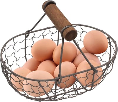 Eiermand - Draadmand Eieren - Keuken Organiseren - Houten Handvat - 18 x 12 cm - Zwart