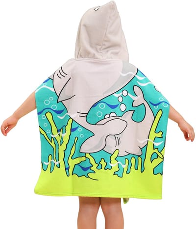 Kinderbadhanddoek met capuchon en cartoonhaaienprint, 60 x 60 cm, absorberend en sneldrogend, te gebruiken als strandbadjas/cape/poncho.