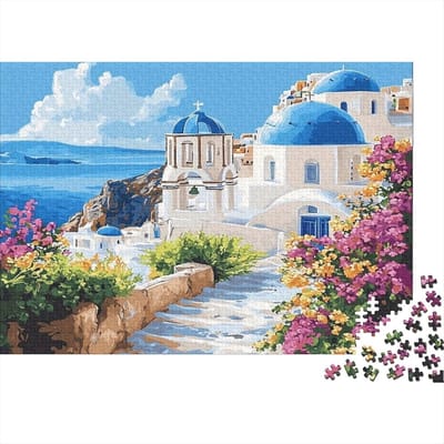 Legpuzzel Volwassenen - Ontspannende Puzzel - Creatieve Tijdverdrijf - Gerecycled Materiaal - 70x50cm 1000 Stukjes - Santorini Scène