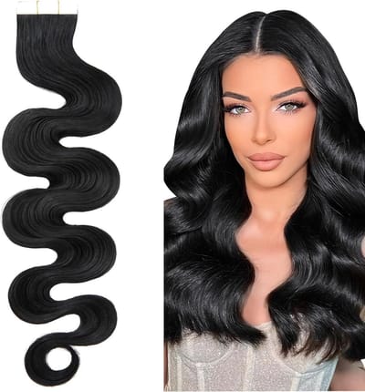 Echthaar Tape Extensions Gewellt 18 Zoll/45 cm - 20 Stuks Klebeband Haarverlenging 100% Remy Haar, 50g met 10 Vervangende Tapes Zwart #1