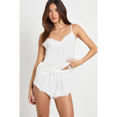 boohoo Dames Wimper Kant Trim Cami & Shorts Pyjama Set | Wit | Maat: 40