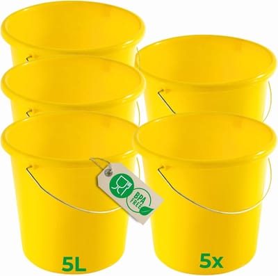 Novaliv 5 stuks emmer 5L geel met maatverdeling - schoonmaak emmer 5 liter? 22,5 cm Praktische alleskunner met schaalverdeling voor huishouden & tuin ideaal als huishoudemmer, wateremmer, dweilemmer, emmer