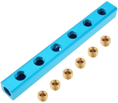 Dailygoods- Spruitblok 6-weg - 1/4 inch BSP - 9 poorten - Aluminium - Messing pluggen - 180x20x20 mm - Perslucht verdeler - Luchtverdeler