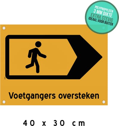 Pictogram/ bord + boorgaten | "Voetgangers oversteken" - pijl naar rechts | 40 x 30 cm | Oranje | Wegomlegging | Let op! | Werken aan de weg | Voetpad | Werkzaamheden | School | Omleiding | Wegenwerken | 1 stuk