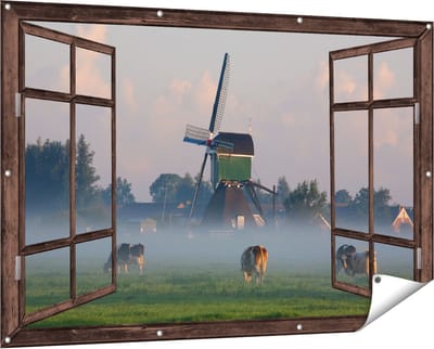 Gards Tuinposter Doorkijk Landschap met Koeien - 150x100 cm - Tuindoek - Tuindecoratie - Wanddecoratie buiten - Tuinschilderij