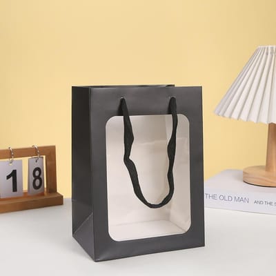 5 stuks Zwarte Kraft Papieren Cadeautasjes met Transparant Venster Kraft Boodschappentassen met Handvatten voor Cadeau Festivals Feest voor Kleinhandelswinkels Boutique 5pcs zwart