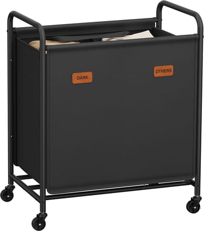 SONGMICS - Wasmand - Wasmand met 2 Vakken - 140L - Op Wielen - Voor Badkamer Slaapkamer Wasruimte