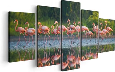 Artaza Canvas Schilderij Vijfluik Kudde Flamingo's op het Water - 100x50 - Foto Op Canvas - Canvas Print