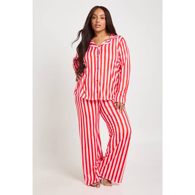 boohoo Dames Plus Gestreepte Print Lange Mouw & Broek Pyjama Set | Pink | Maat: 16