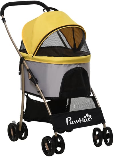 Merax 2 in 1 Hondentrolley en Draagtas Geel Opvouwbaar Hondenbuggy met Kussen en Opbergvak voor Kleine Honden tot 10 kg