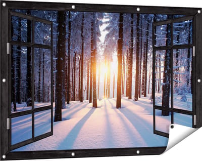 Gards Tuinposter Doorkijk Bos met Sneeuw tijdens de Zonsondergang - 120x80 cm - Tuindoek - Tuindecoratie - Wanddecoratie buiten - Tuinschilderij