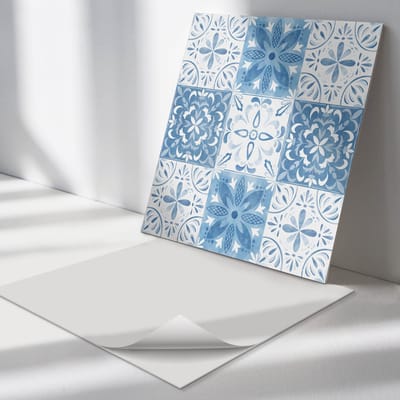 Wallfluent Vinyl Tegels - Bloemenpatroon in Tegels Zelfklevende Vinyl Tegels - 30 cm x 30 cm - Blauw Vinyl Tegels - 9 stuks - Vierkant PVC Tegels - Texturen Plaktegels - Vloer Tegels PVC - Plaktegels Keuken en Badkamer