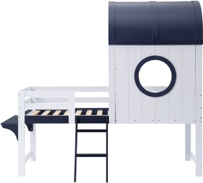Stapelbed, halfhoogslaper, kinderbed met dak en raam, onderste lade met wielen, praktische schuine ladder met twee treden, grenen + MDF + multiplex, wit + donkerblauw, 90x200 cm