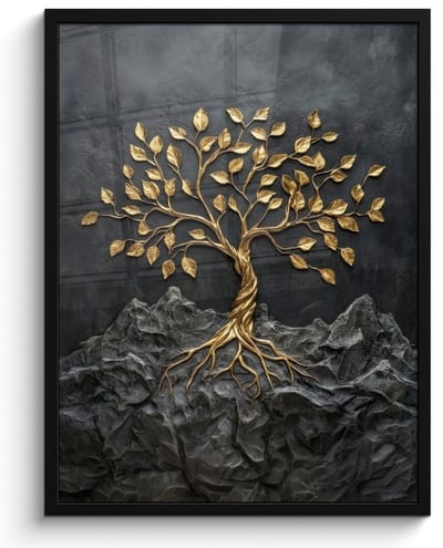 Poster in lijst - Fotolijst 60x80 cm - Posters - Bladeren - Goud - Boom - Rots - Posterlijst zwart - Decoratie - Wanddecoratie woonkamer - Muurdecoratie slaapkamer