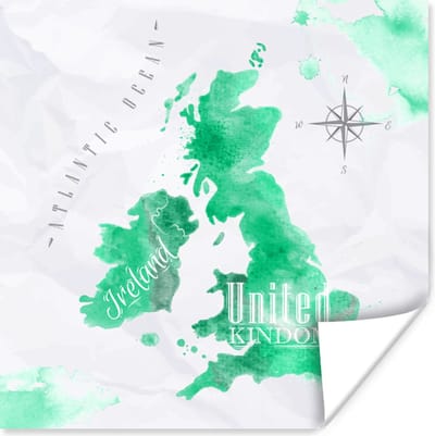 Poster 30x30 cm - Engeland - Wereldkaart - Waterverf - Posters - Kamer decoratie - Wanddecoratie woonkamer - Muurdecoratie slaapkamer