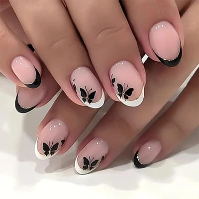 24 Stuks Korte Ovale Press-On Nepnagels Zwart met Vlinder en Glitters Toevoegingen Nagelvijl Jelly Lijm white