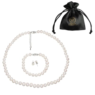 Zoetwaterparel set Bella - parelketting + parel armband + parel oorbellen - echte parels - sterling zilver (925) - wit - parel set dames - handgeknoopt - sieraden zakje