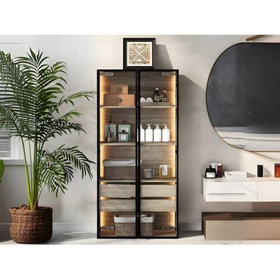 ModernLuxe Vitrine、Badkamermeubel met LED - 2 grote laden en 2 glazen deuren - Naturel