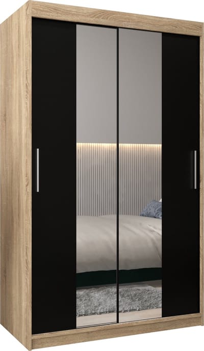 InspireMe - Kledingkast met 2 schuifdeuren, Modern-stijl, Kledingkast met planken (BxHxD): 120x200x62 - TORM I 120 Sonoma Eik + Zwart Mat