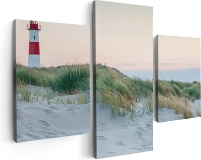 Artaza Canvas Schilderij Drieluik Strand En Duinen Met Een Vuurtoren - 90x60 - Foto Op Canvas - Canvas Print