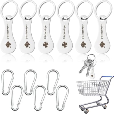 6 Stuks Winkelwagentje Opener met Sleutelhanger, Roestvrijstalen Geluksblad en Carabiner, Handig en Duurzaam voor Winkelen