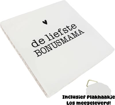 Snoes Spreuktegel – De liefste BONUSMAMA – Wit met Zwart – Inclusief Plakhaakje – Handgemaakt Spaans Keramiek 10x10 cm – Cadeau Bonusmoeder – Moederdag Kado