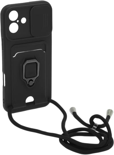 Solidchoice- Telefoonhoesje met koord - iPhone 16 - verstelbare halsketting - ringstandaard - schuifcamera-afdekking - kaartsleuven - stof- en krasbescherming - Telefoonhoes