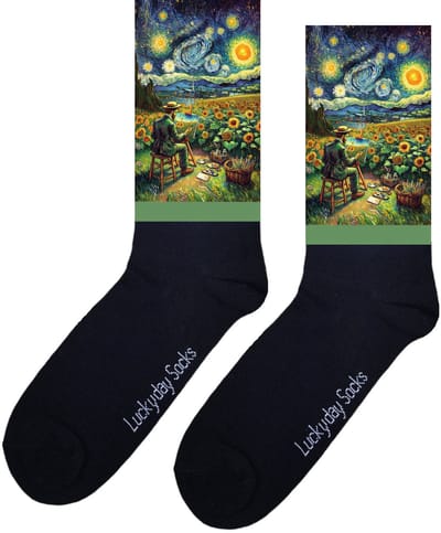 LuckyDay Socks - van Gogh - Kunstenaar sokken - Sterrennacht - Zonnebloemen - Verjaardag cadeau - Kunst sokken - Vrolijke sokken - Schilderij sokken - Kerst sokken - Grappige sokken - Leuke dames en heren sokken - Moederdag - Vaderdag - Maat 37-44