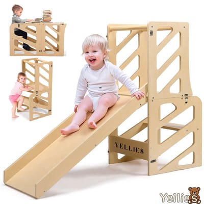 Yellies Leertoren - Opvouwbaar - Learning Tower - Leertoren Keukenhulp - Keukentoren - Montessori Leertoren - 3 In 1 - Incl. NL Handleiding - Naturel Hout