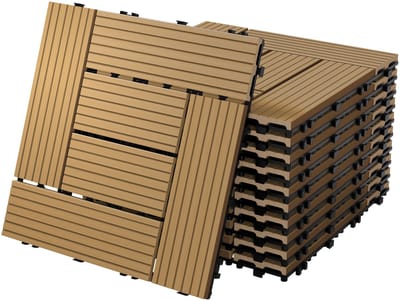 WPC-terrastegels 30x30 cm, set van 11 stuks voor 1 m², teak in houtlook, mozaïekpatroon, met drainage en kliksysteem