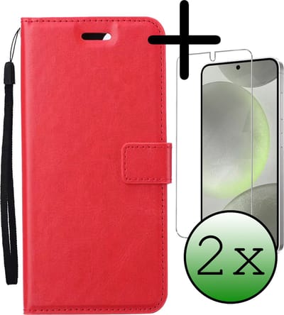 Hoesje Met 2x Screenprotector - Geschikt voor Samsung Galaxy S24 Plus - Luxe Pasjeshouder - Bookcase Portemonee - Flip Case - Kunstleer Book Case - Flipcase Hoes - Book Cover - Walletcase - Portemonneehoes - Rood