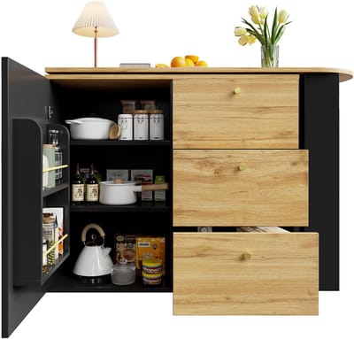 Uittrekbaar barblad met opbergruimte (138-204×39×104cm), 360° draaibare eettafel, moderne verrijdbare bartafel, keukeneiland hogere tafel, bistrotafel, sideboard met houtnerftekening-zwart