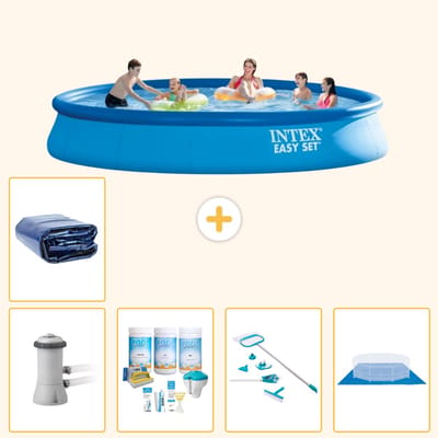 Intex Rond Opblaasbaar Easy Set Zwembad - 457 x 84 cm - Blauw - Inclusief Pomp - Onderhoudspakket - Schoonmaakset - Grondzeil - Solarzeil - 6-delig
