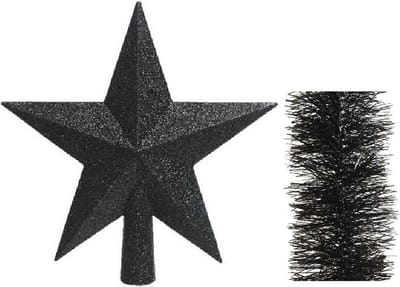 Kerstversiering kunststof glitter ster piek 19 cm en folieslingers pakket zwart van 3x stuks - Kerstboomversiering