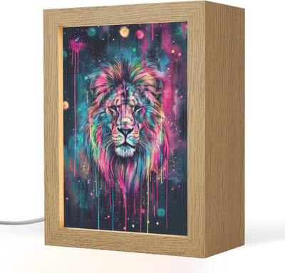 Nachtlampje 15x20 cm - Kinder lampje - Leeuw - Verf - Kleurrijk - Zwart - Dieren - Tafellamp kinderkamer - Slaapkamer lamp - Bedlamp kinderen - Kinderlampje stopcontact - Wandlamp babykamer - Nachtlampjes