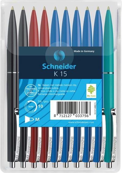 Schneider balpen - K15 - penpunt M - 10 stuks assorti kleuren - S-3081-2-3-4