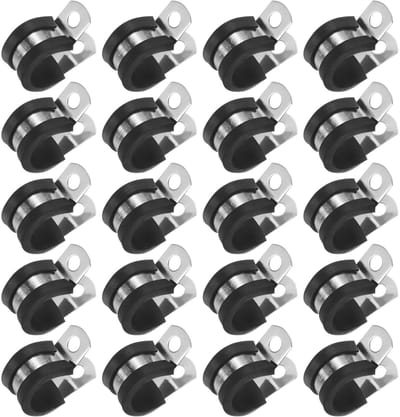 METERXITY 20-pack kabelklemmen, 9/16 inch/14 mm 304 roestvrij staal rubber gewatteerde geïsoleerde kabelklem R-vorm metalen houder voor buis/draad/pijp/lus installatie