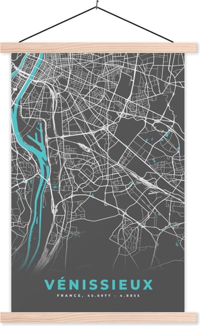 Posterhanger incl. Poster 40x60 cm - Schoolplaat - Vénissieux - Frankrijk - Kaart - Stadskaart - Plattegrond - Textielposter - Blanke latten - Stadskaart