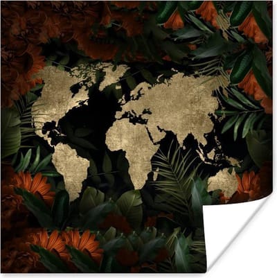 Poster 30x30 cm - Wereldkaart - Retro - Bloemen - Posters - Kamer decoratie - Wanddecoratie woonkamer - Muurdecoratie slaapkamer